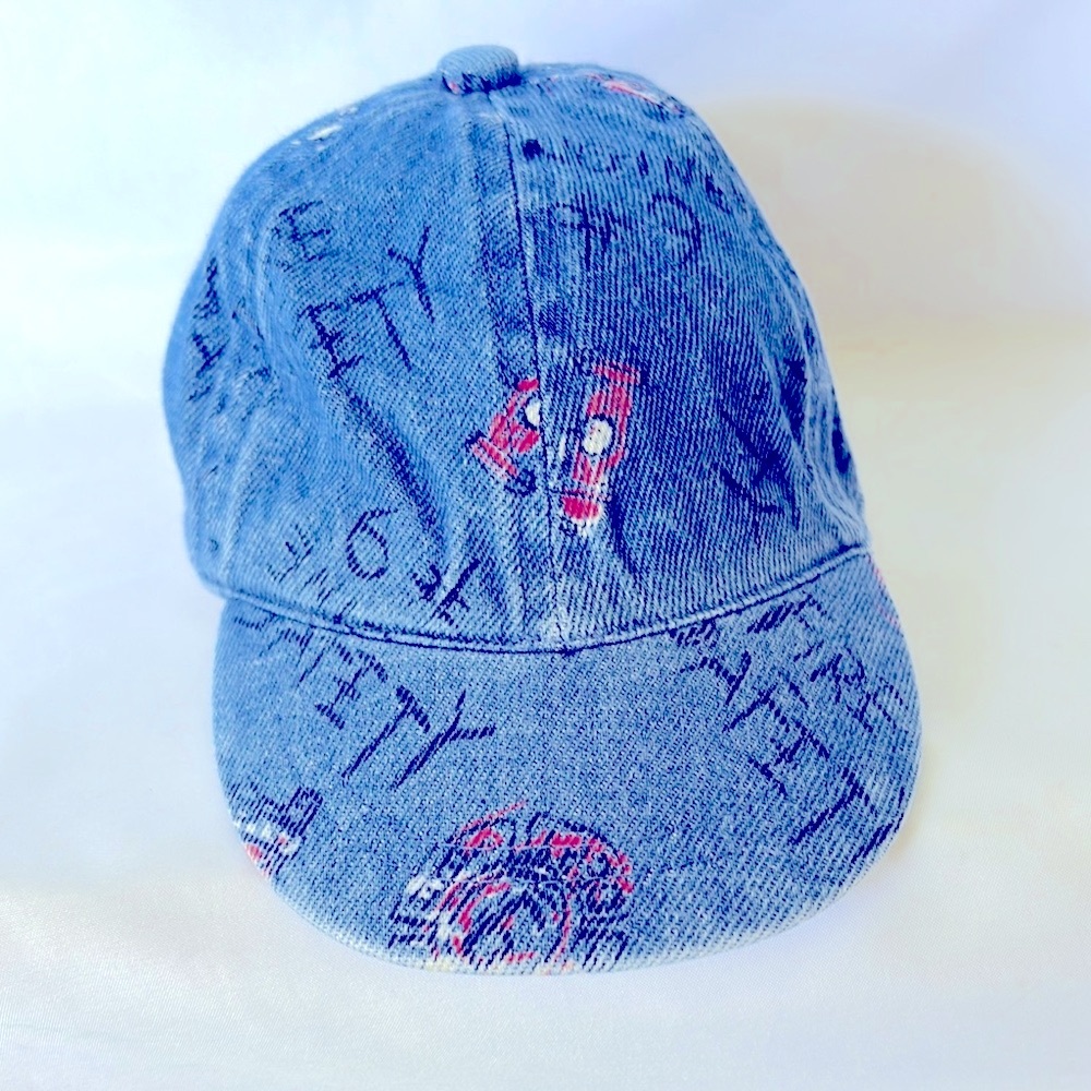 VINTAGE 2002 Adorable Baby First Blue Denim Cap Fire Engine Graphic Print - 3-9M